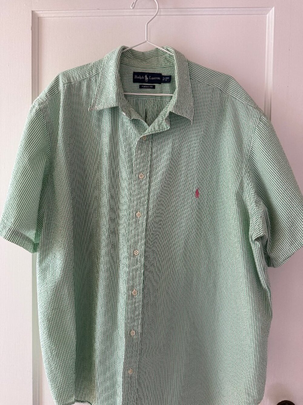 Polo Ralph Lauren Green White Striped Seersucker Shirt 2XB Pink Pony Big&Tall